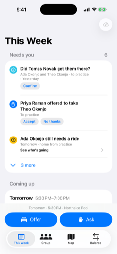 The This Week screen, listing rides that need a response and the next practice